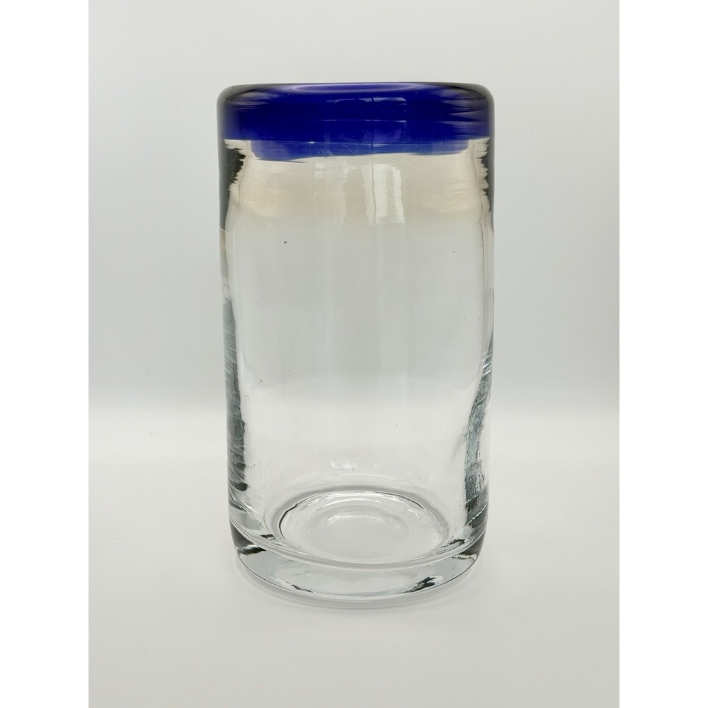 Vintage Hand Blown Tumbler Cobalt Blue Trim Mexico Heavy Thick Mexican Glass 6"